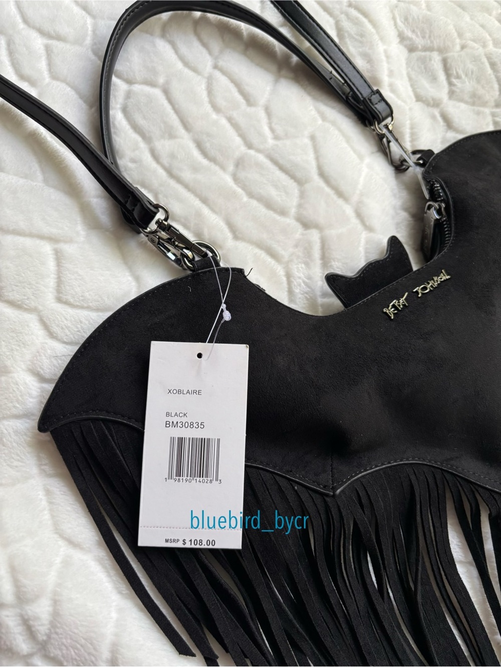 Betsey Johnson Black Bat-Shaped Crossbody Bag with Fringe - Picture 4 of 13